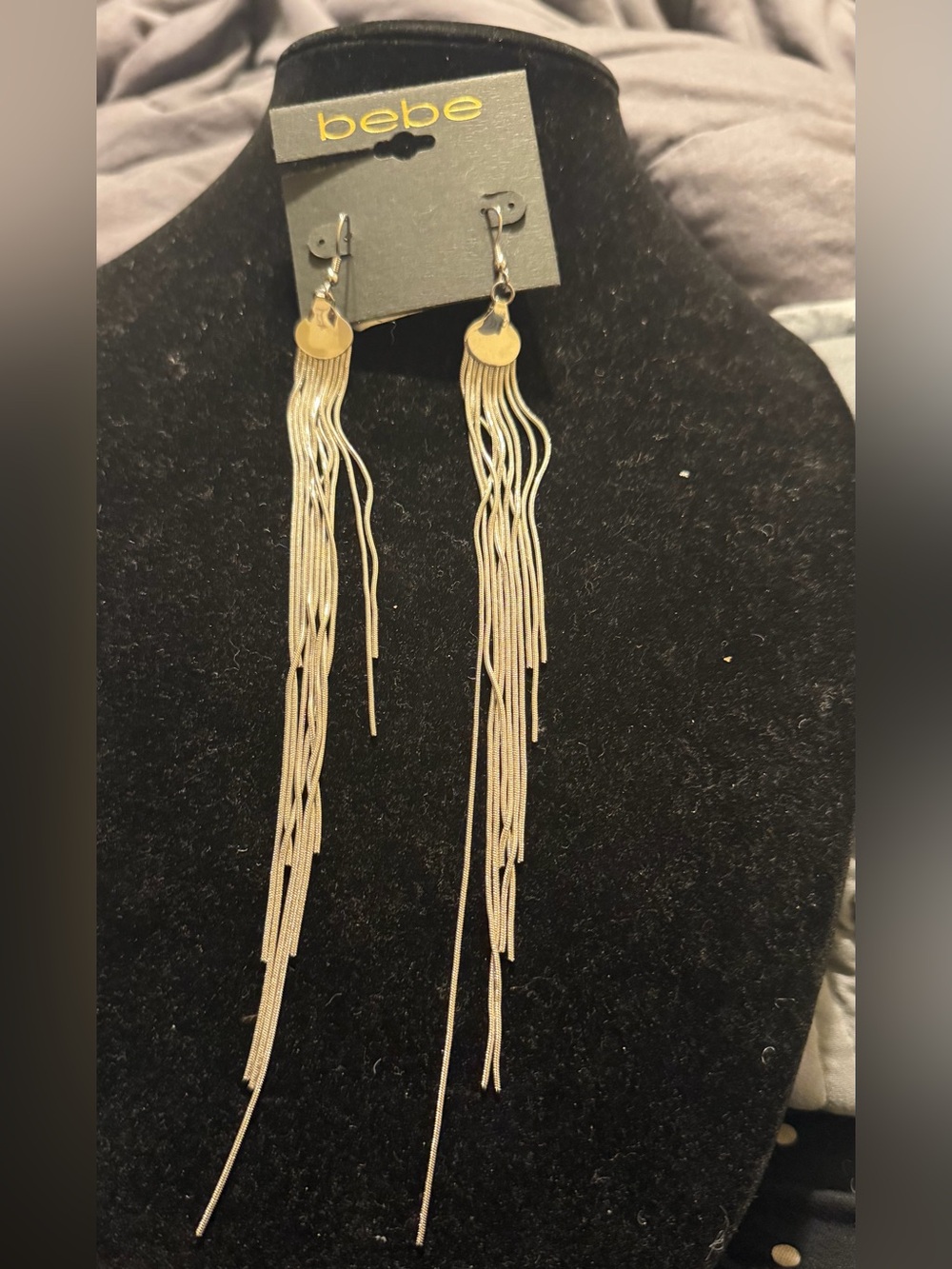 bebe Long Silver Tassel Drop Earrings